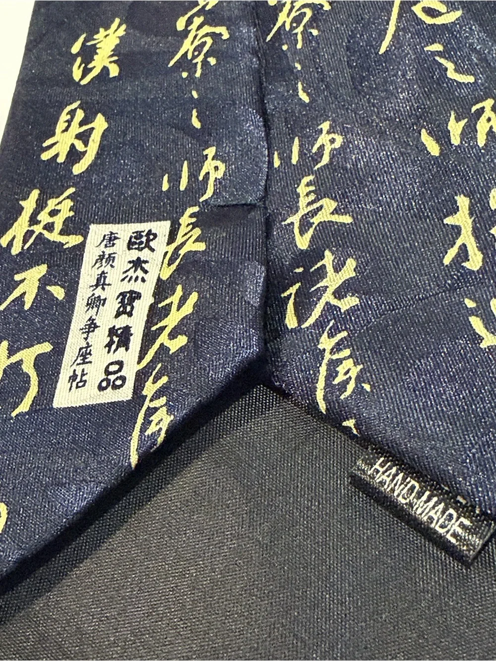 GOLD CITY Hand Made Navy Blue Necktie Tie Chinese Calligraphy Printed Silk